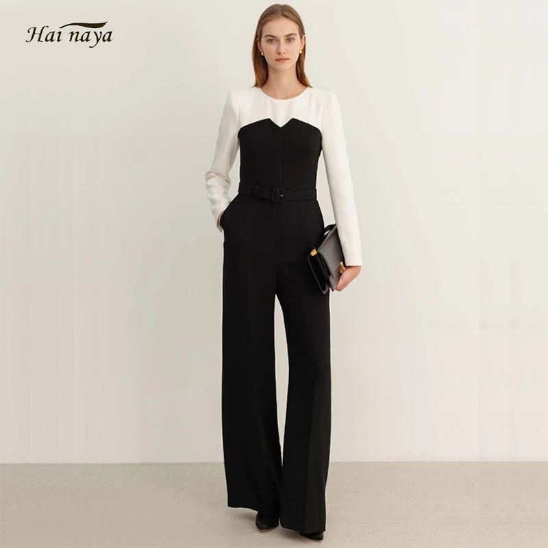 精品连衣裤女气质高雅圆领黑白撞色修腰显瘦舒适潮流阔腿连体长裤