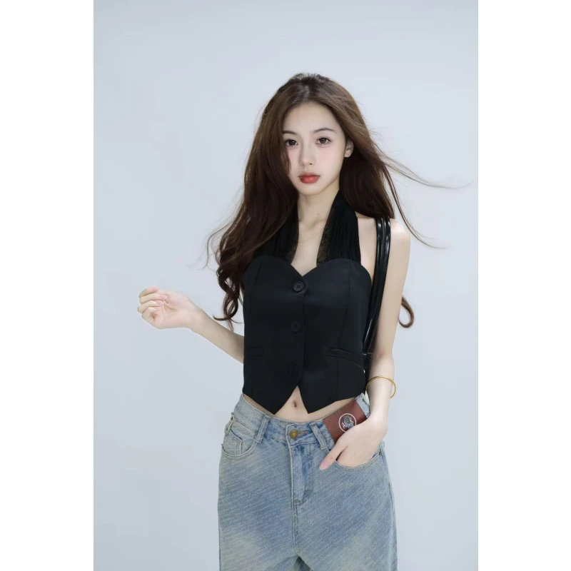 【XIAOBAWANG】V领挂脖吊带外穿纯欲风辣妹修身无袖上衣做旧阔腿裤W