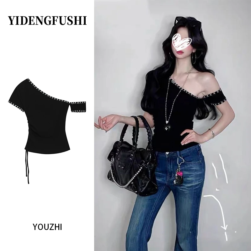 纯欲斜肩撞色短袖T恤女夏美式辣妹不对称设计感显瘦修身绑带上衣