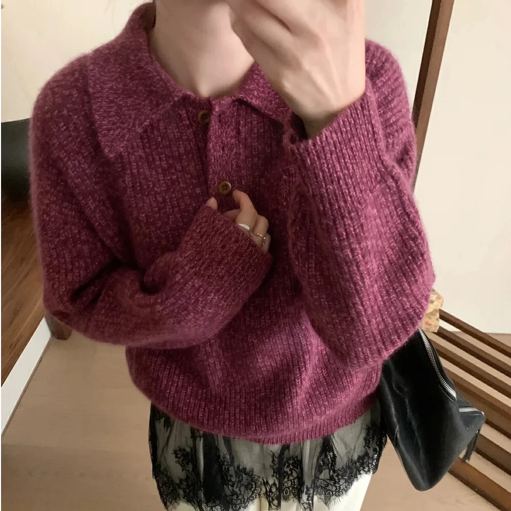 朵儿定制【繁花】梅子色针织羊毛polo领毛衣IJ79