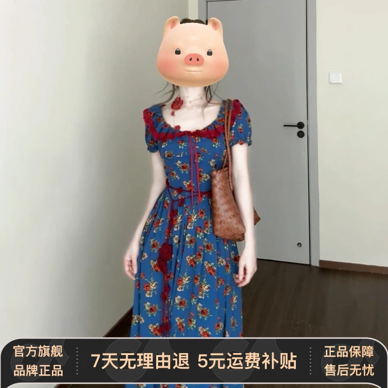 法式复古泡泡袖碎花连衣裙子女夏季2025新款气质收腰绝美a字长裙