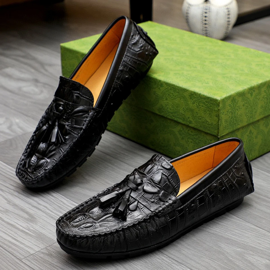 鳄鱼纹男士豆豆鞋2025新款低帮软底真皮时尚潮鞋商务潮流百搭潮鞋