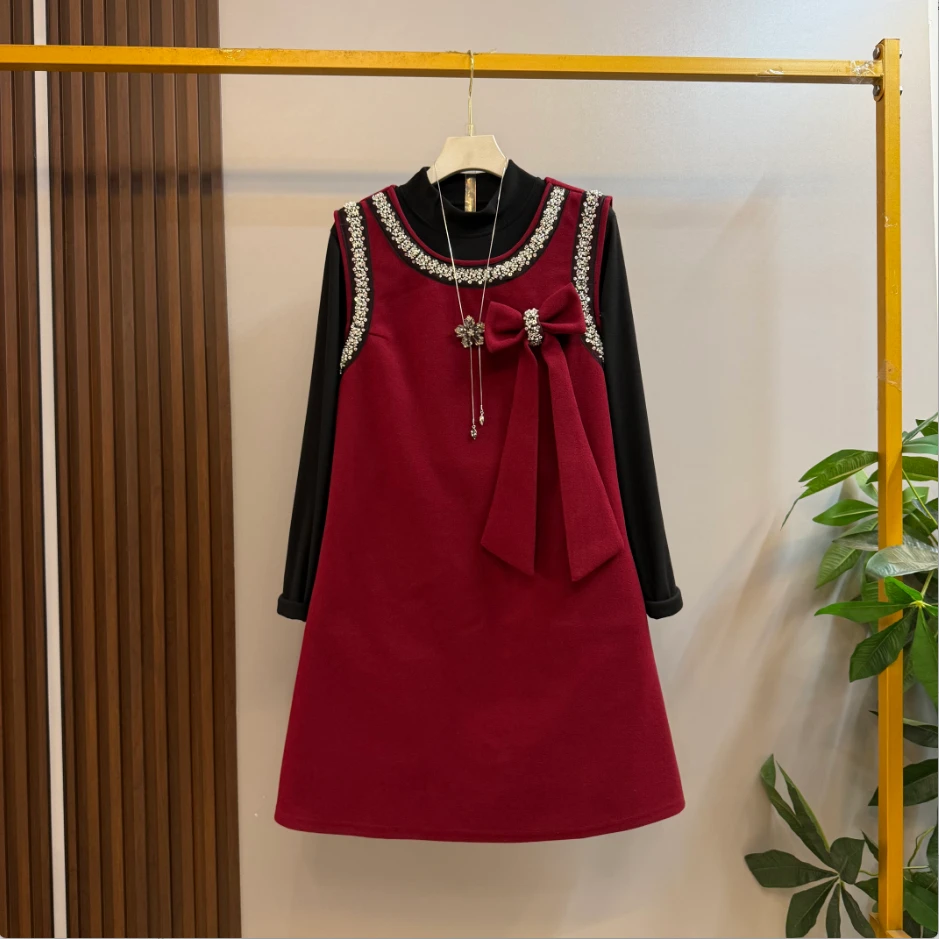 新款大码女装时尚洋气蝴蝶结设计重工钉珠马甲裙两件套套装