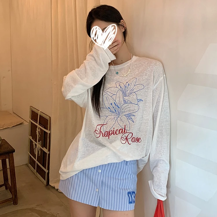 【退货补贴8-12】韩系T恤防晒罩衫女百合印花长袖休闲宽松薄款上衣