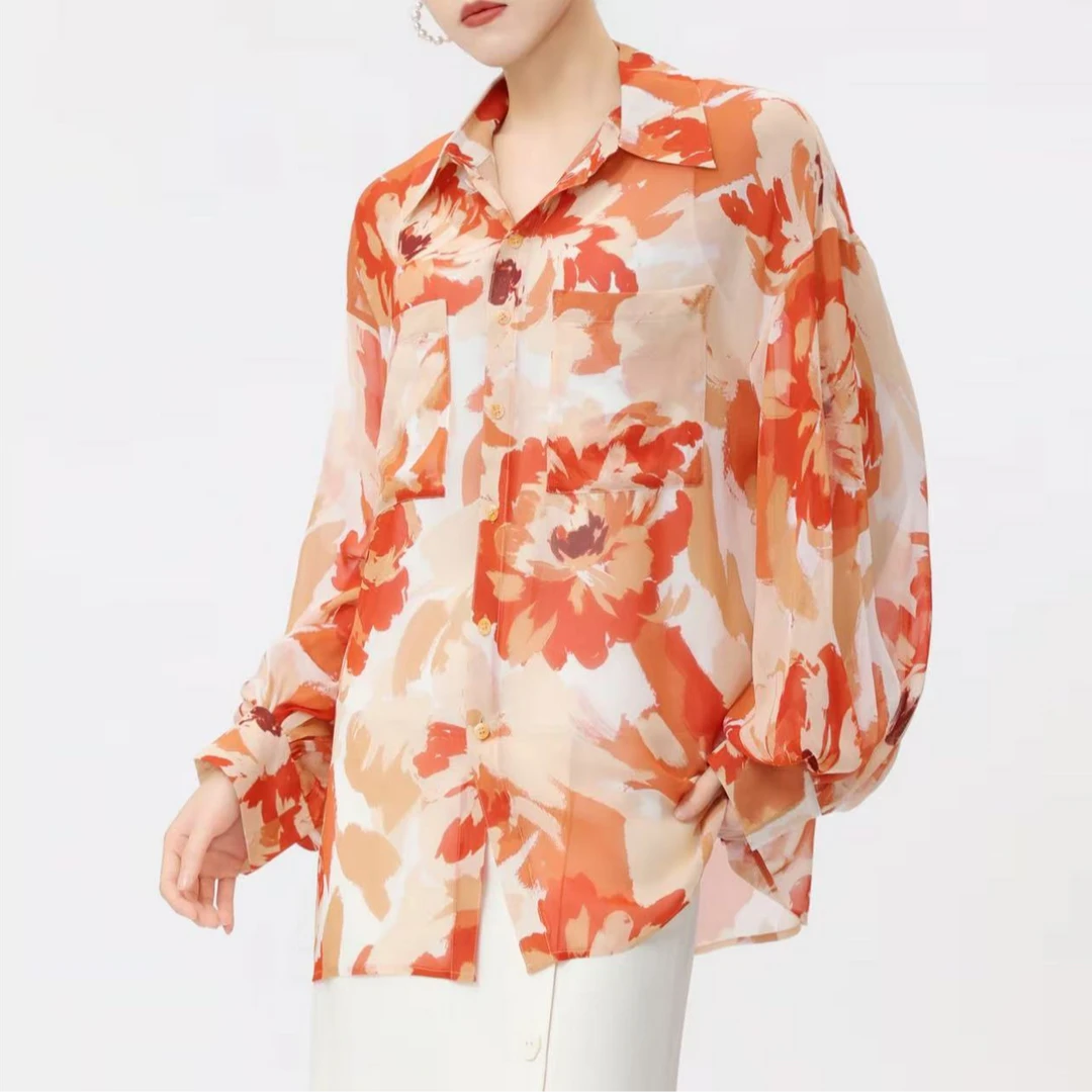 AMASS/阿玛施 时尚新款桑蚕丝枫叶橘印花宽松 双口袋衬衫5301019