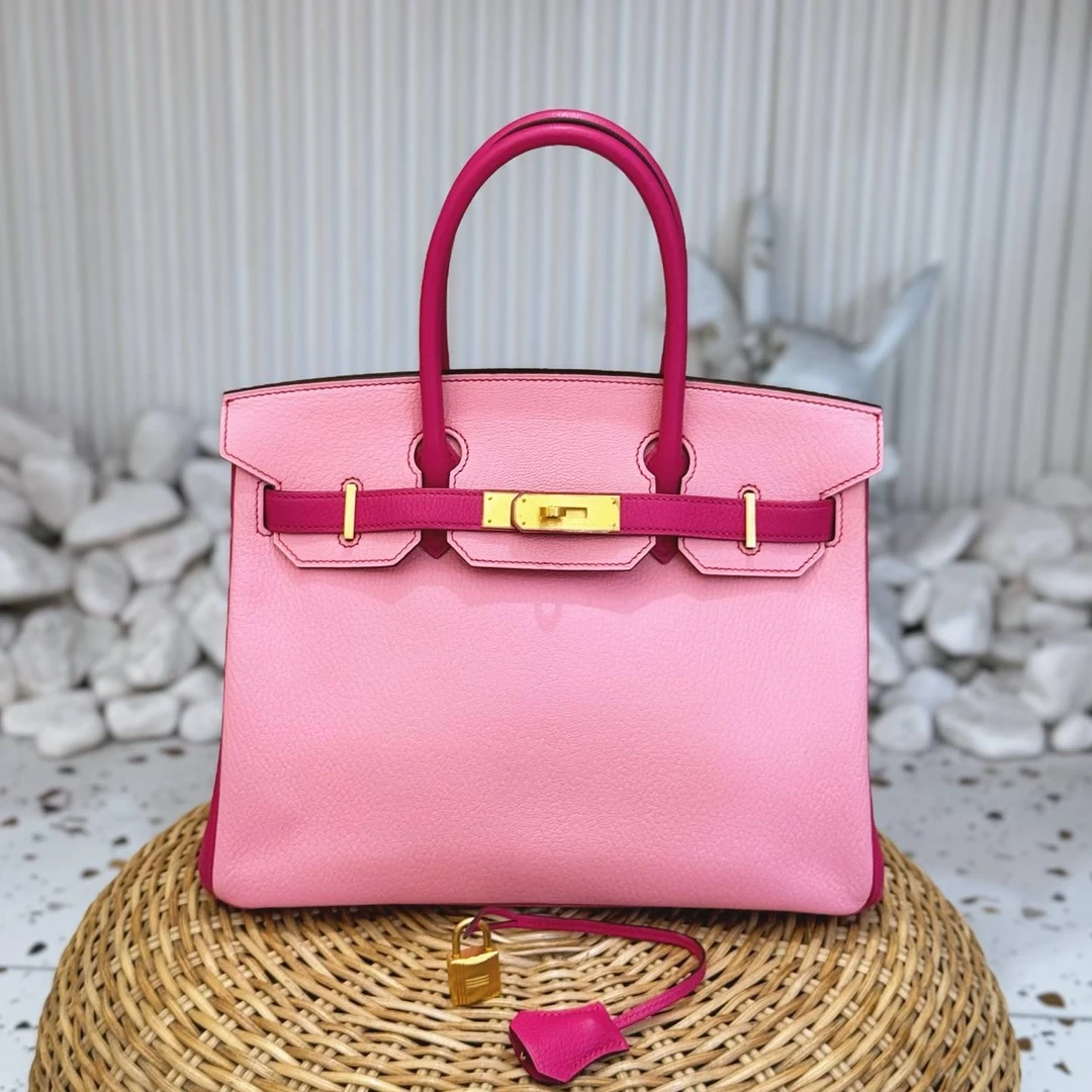 99新 Hermes/爱马仕 birkin30手提包奶昔粉拼桃粉色金扣山羊皮T刻