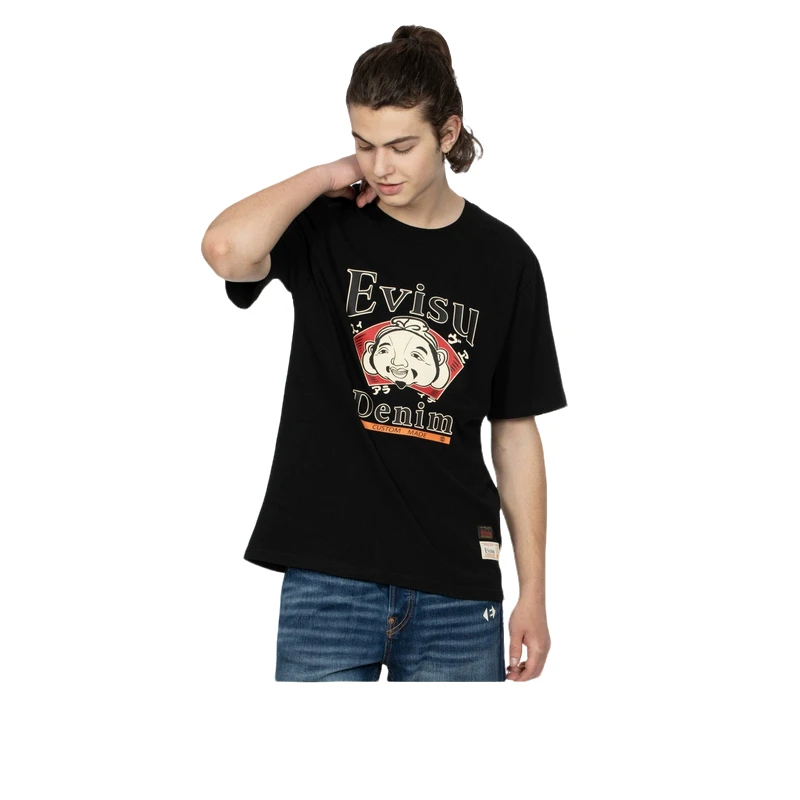EVISU佛头海报印花圆领短袖时尚黑色休闲T恤2ESHTM3TS704XXCT