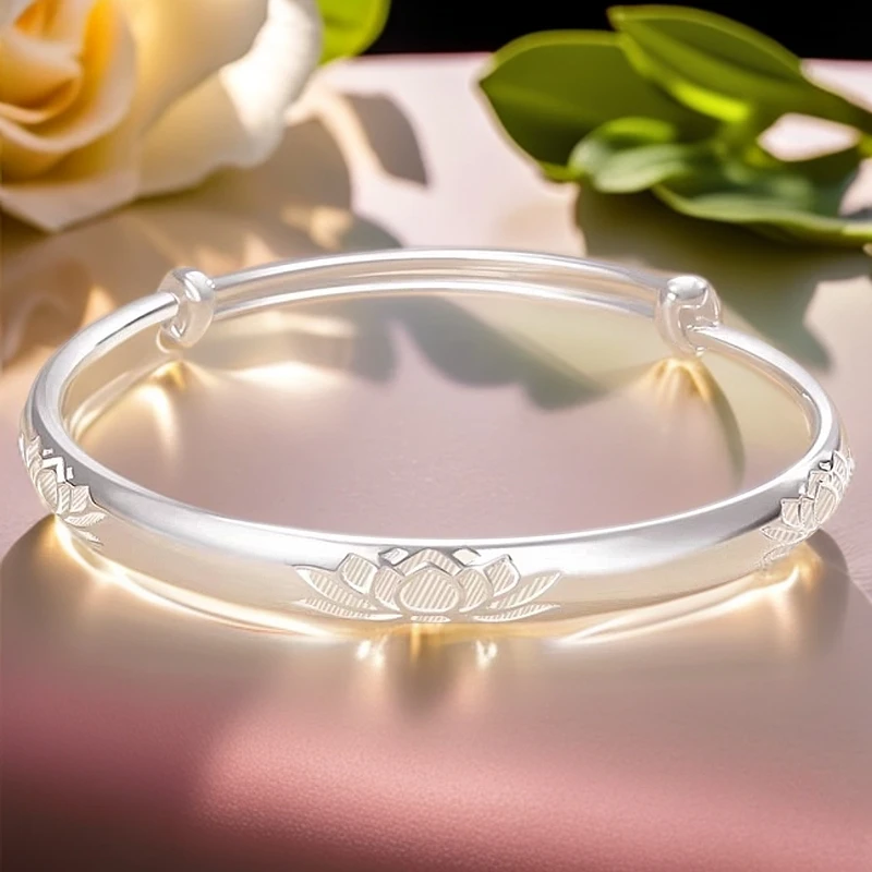 足银手镯 足银999.9三莲花银手镯女纯银推拉款银镯子送妈妈礼物