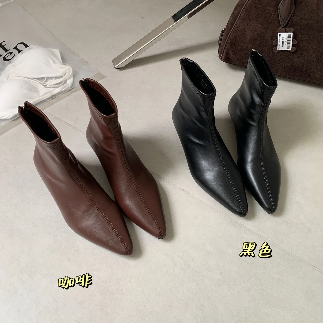 法式复古尖头坡跟短靴女2025年秋冬新款时尚百搭气质弹力瘦瘦女靴