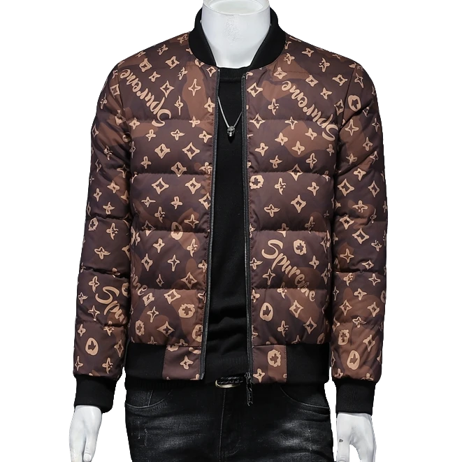 贾鲁萨加高端时尚秋冬欧货棒球领羽绒服男潮牌休闲白鸭绒印花上衣