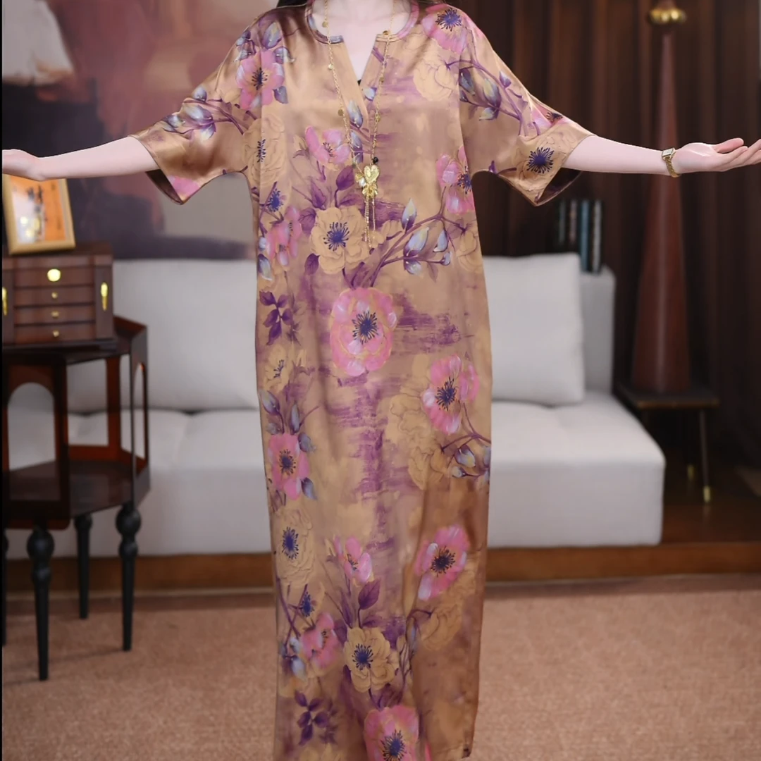【粉樱】香云纱新中式复古显瘦春夏宽松女士国风腔调长款休闲连衣裙