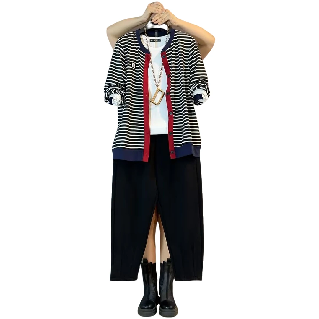 大维罗依YML 秋季新款休闲百搭条纹套装开衫遮肉套装