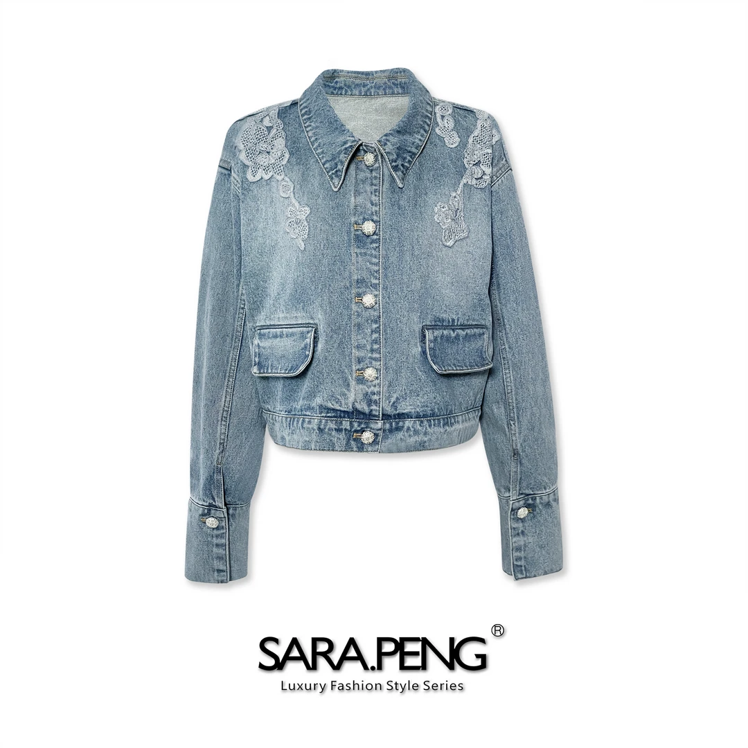 SARA.PENG端丽兰山/高定新款牛仔面料手工刺绣领时尚百搭牛仔外套