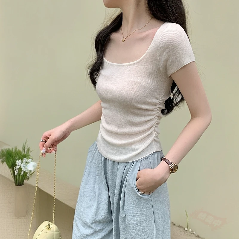 方领正肩短袖t恤女夏季新款显瘦修身露锁骨辣妹短款上衣白色高腰