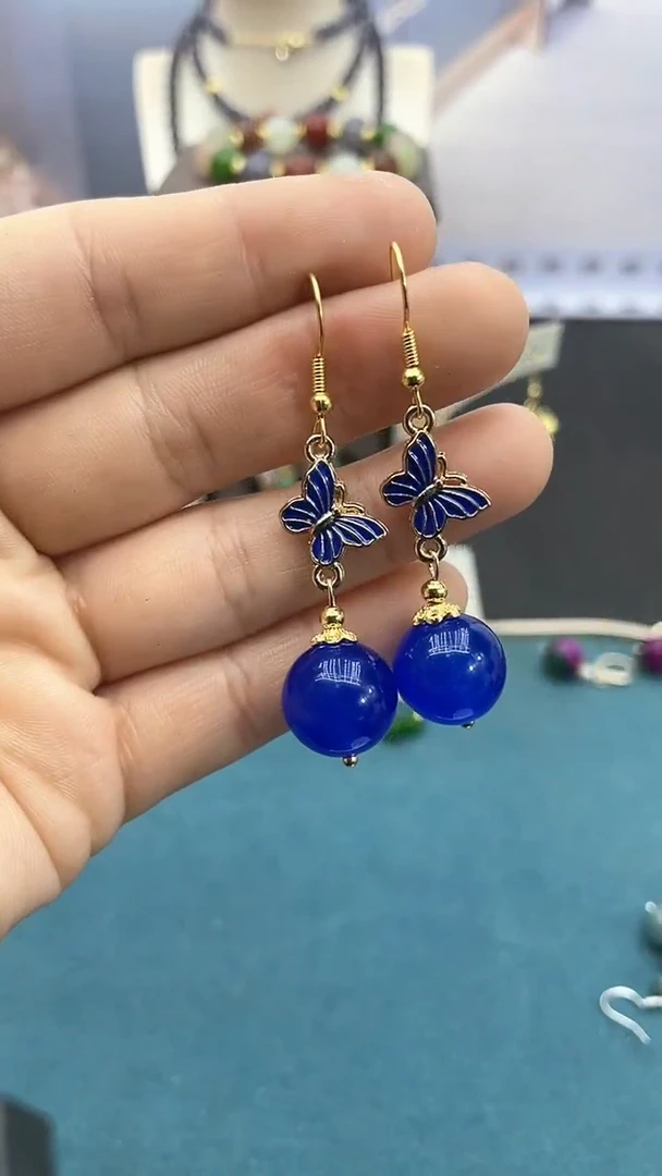 【闪购商品】玛瑙/玉髓耳饰14K金镶嵌蓝蝴蝶耳钩