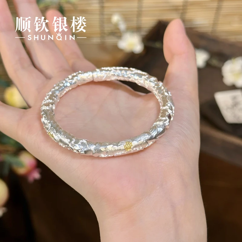 顺钦银楼 足银手镯 【洛阳花手镯】足银999.9国风气质繁花开口手镯