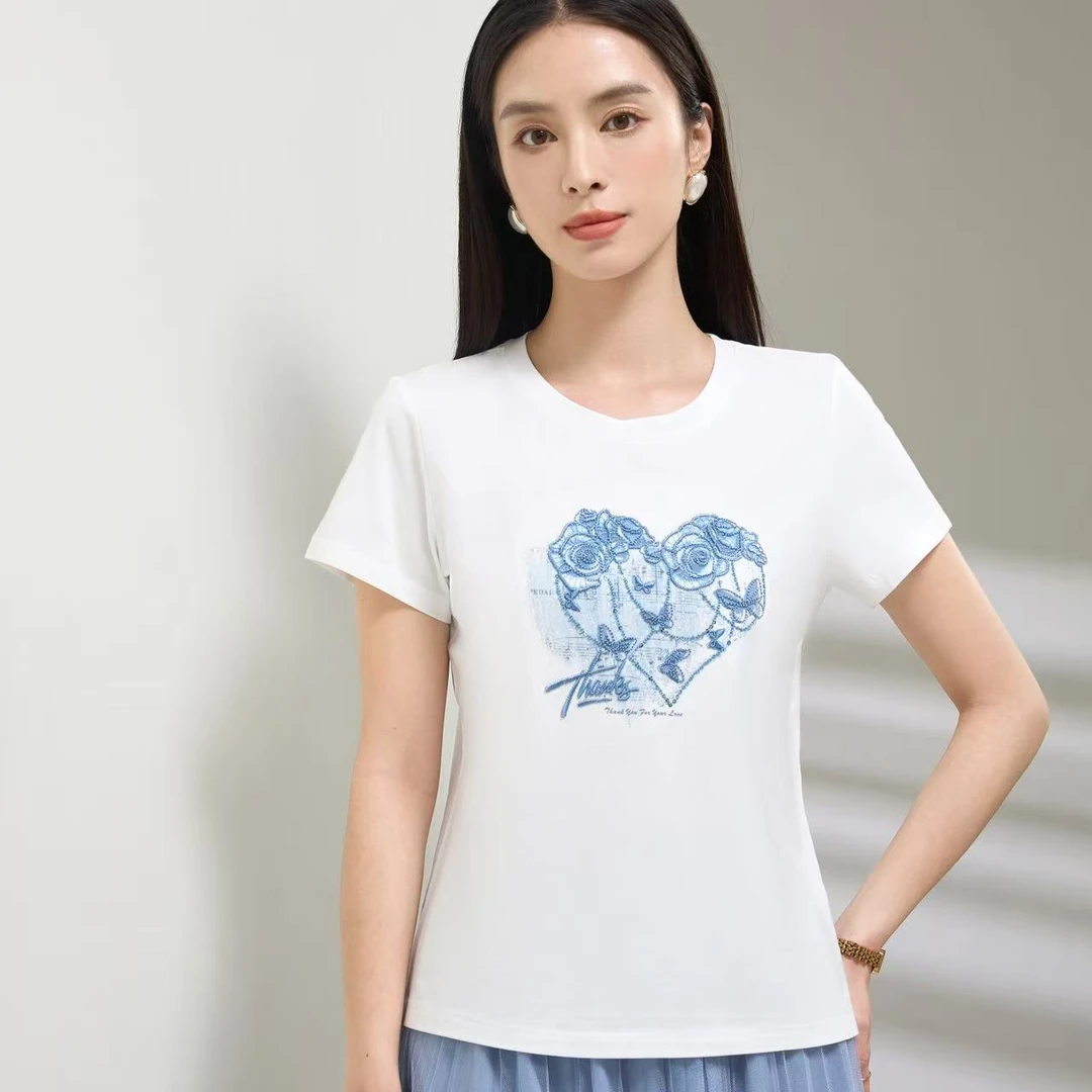 【爱心】2025新款刺绣短袖T恤百搭休闲短袖女款爆款莫代尔棉上衣