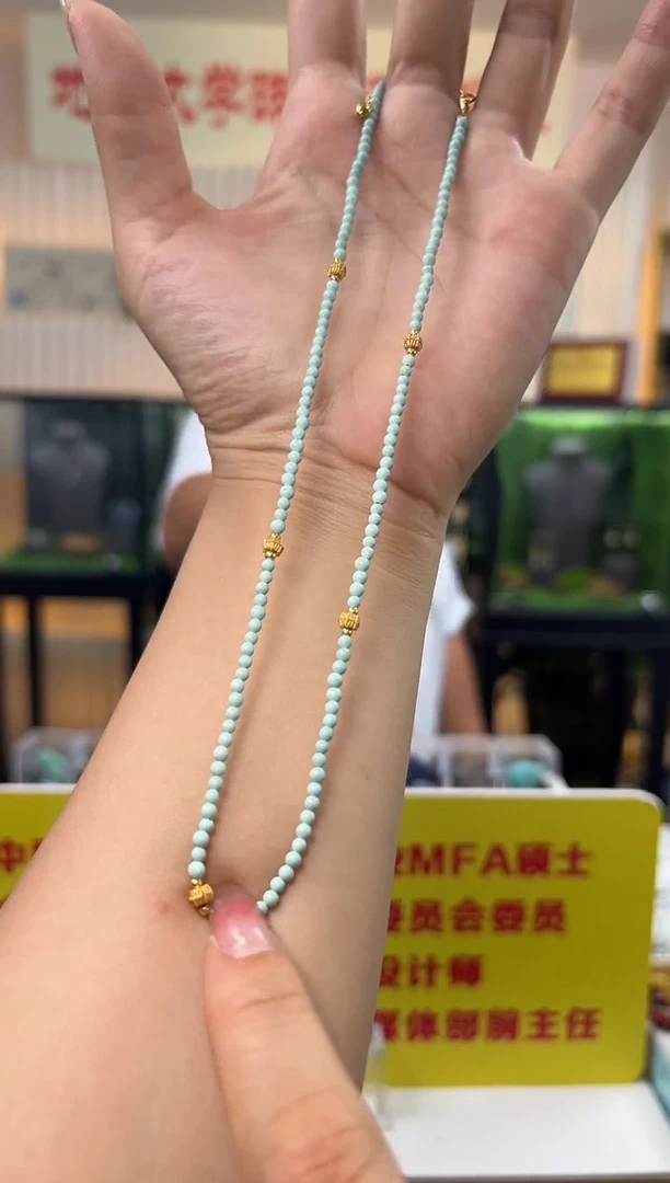 绿松石银S925镶嵌项链原矿绿松石小米珠项链S925银