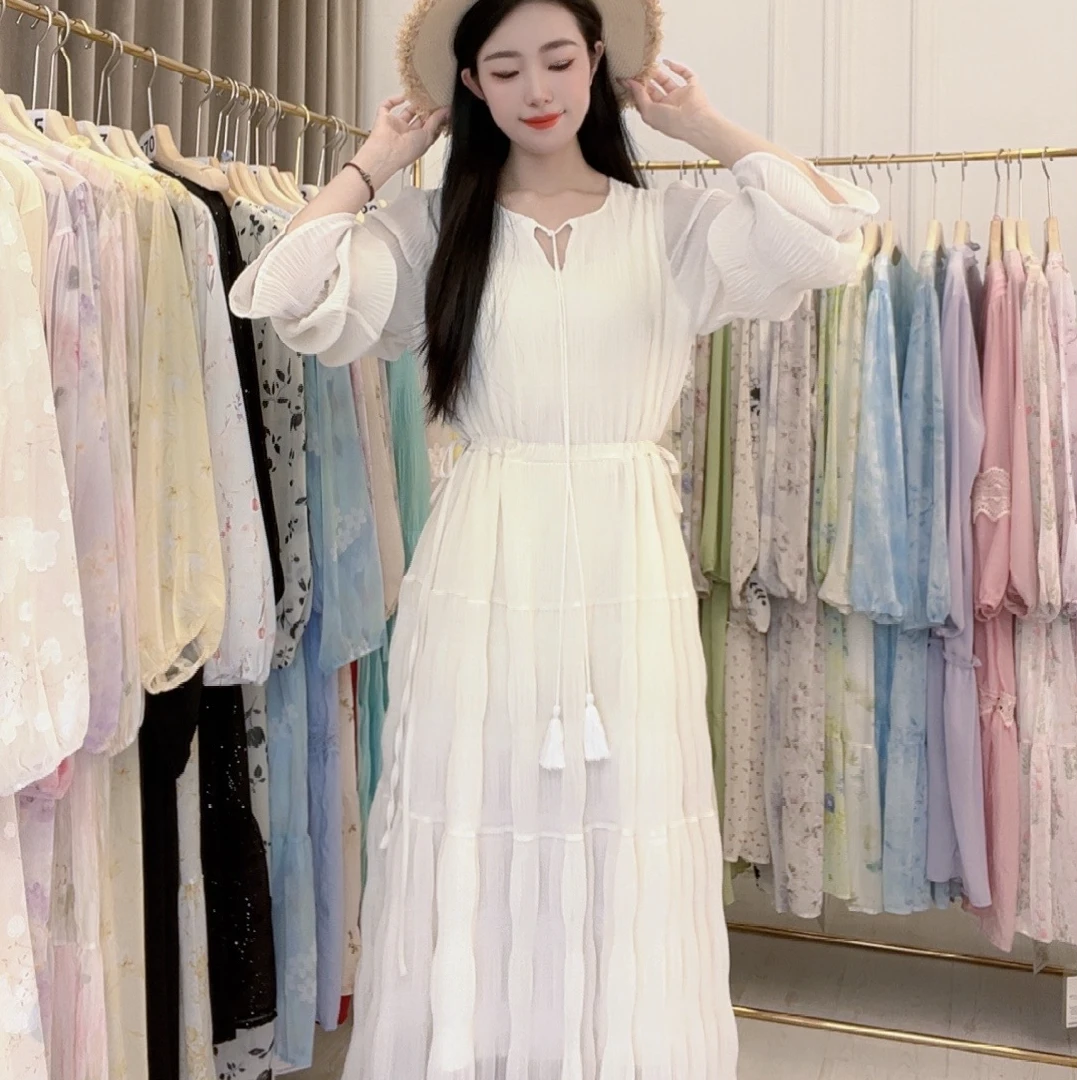 【小司家】春夏白色气质显瘦法式时尚百褶中长款长袖连衣裙