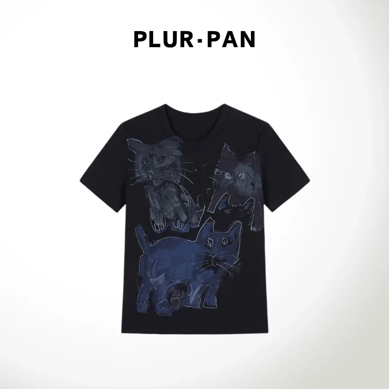 PLUR·PAN抽象派通勤猫咪印花圆领T恤
