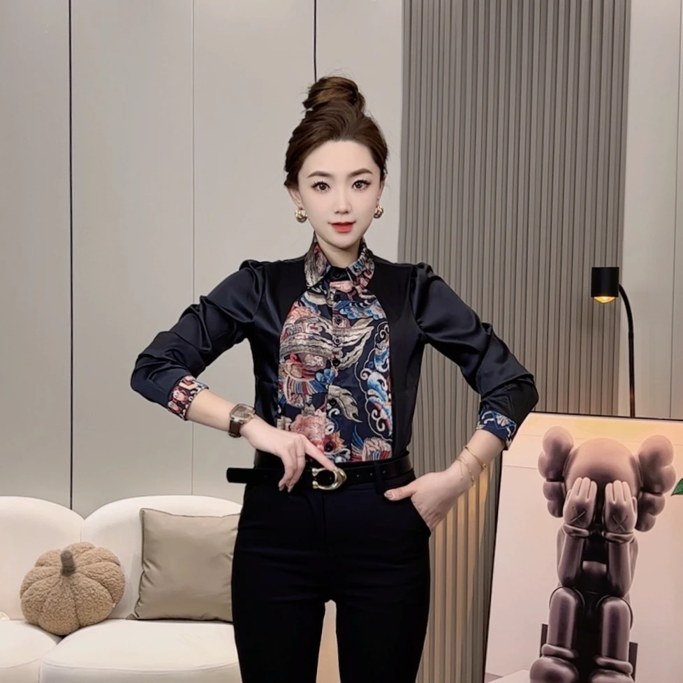 长袖拼接翻领不起球衬衫上衣春季打底修身中式复古6917