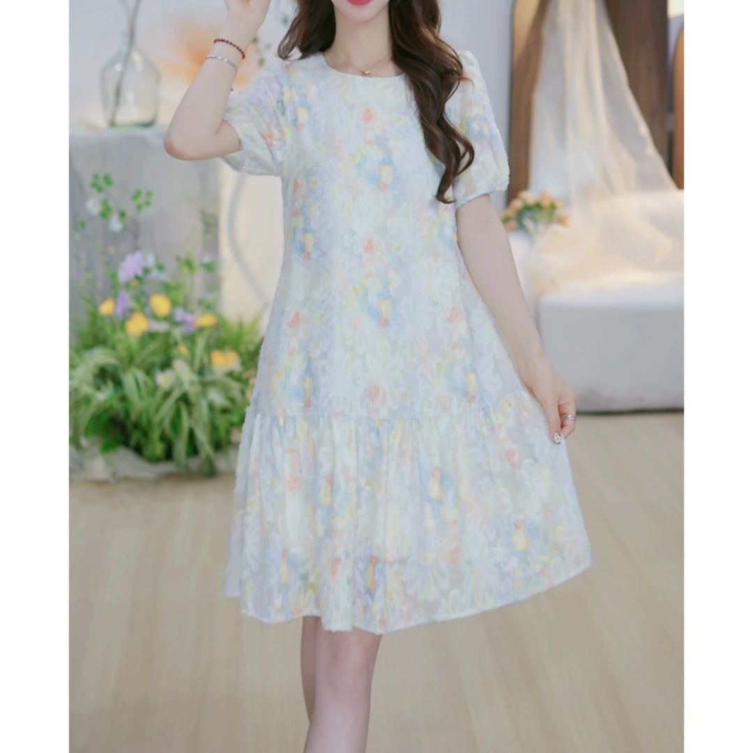 【2025X347U】拼接慵懒风梦幻晕染短袖连衣裙法式显瘦遮肉中长裙