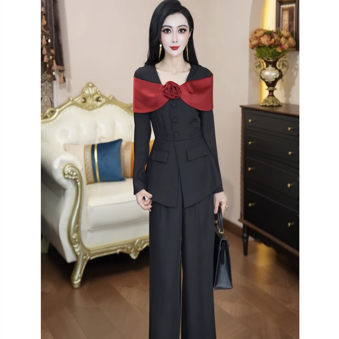 长裤阔腿裤薄款连体裤时尚气质法式宽松黑色春季2514