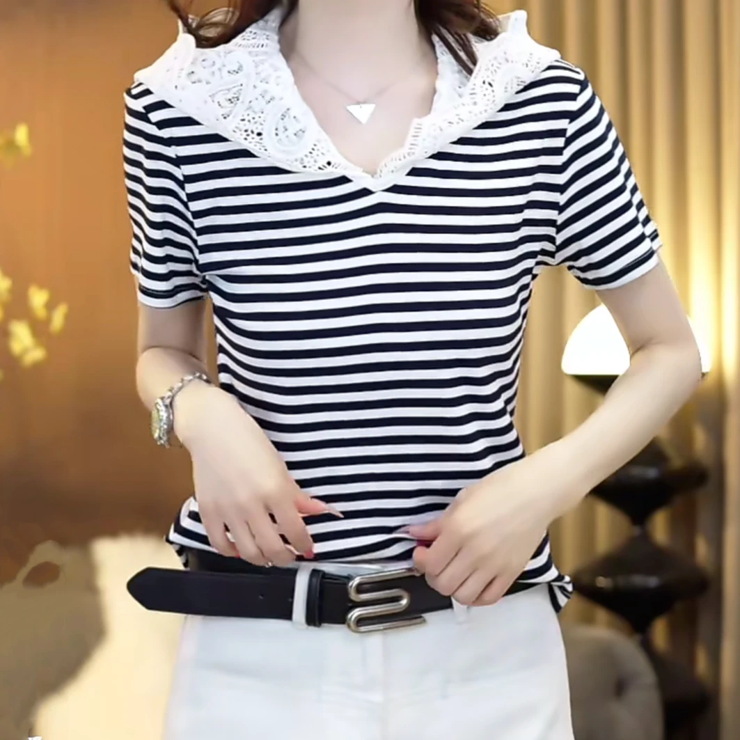设计感蕾丝连帽领条纹短袖T恤女2025春夏新款宽松显瘦时尚上衣
