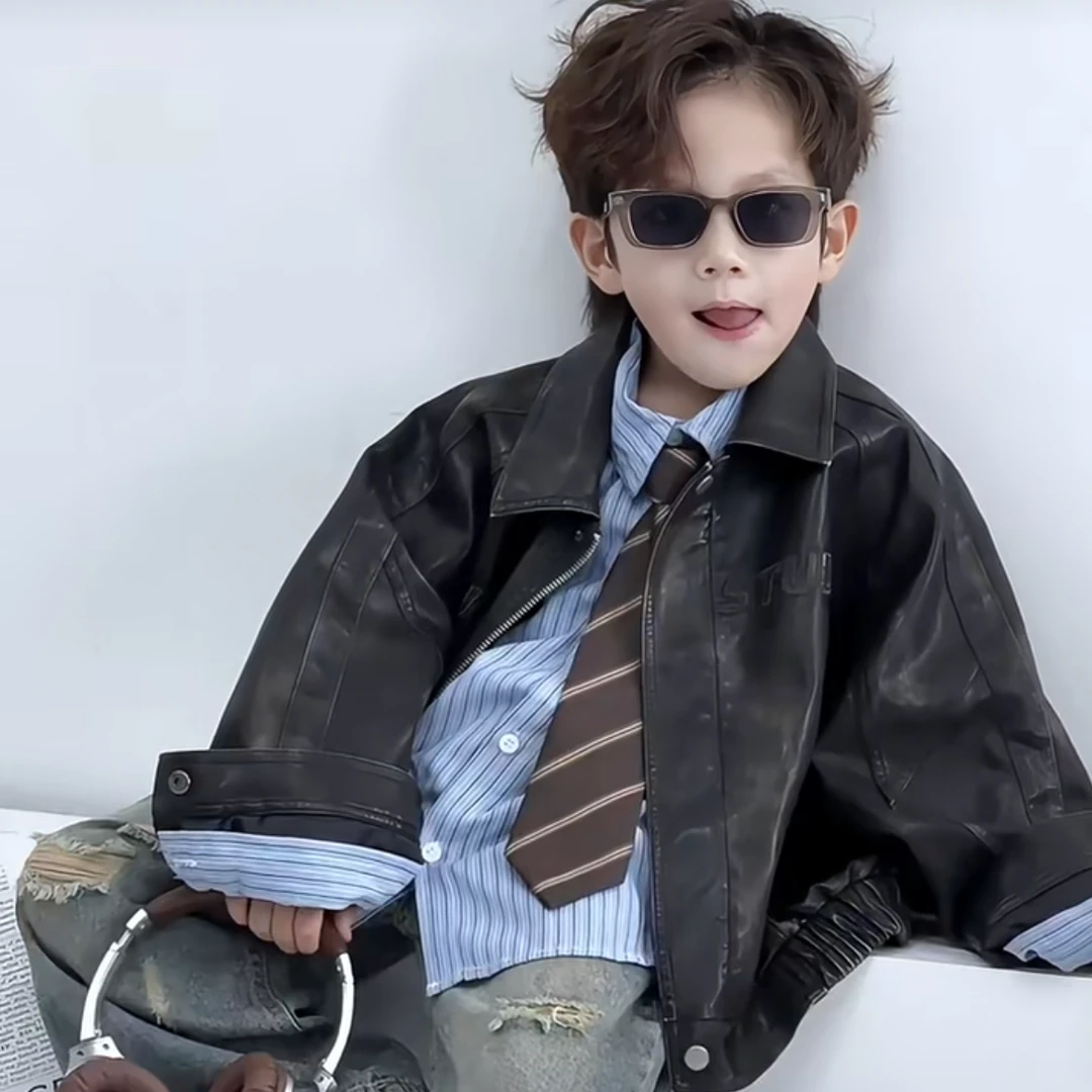 男童2025春秋装新品韩版PU皮衣儿童夹克复古机车宽松