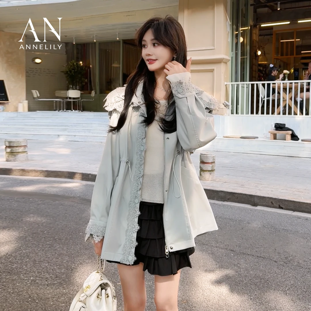 ANNELILY【汐莫】新款设计感轻奢重工防晒风衣连帽外套AW2502106