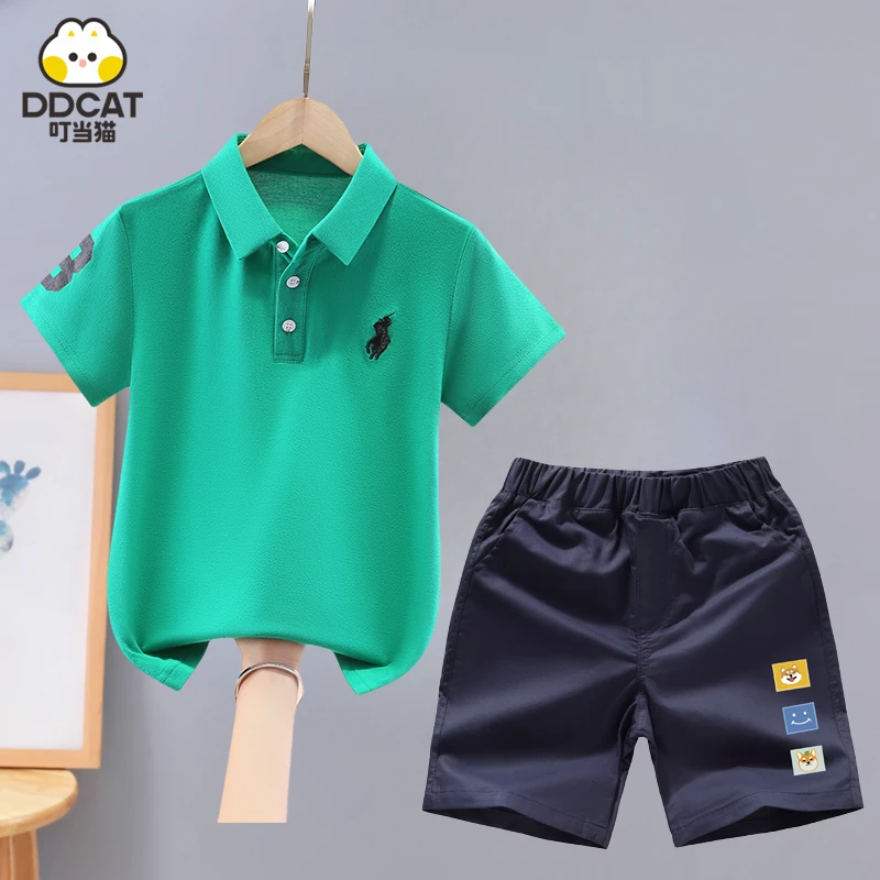 叮当猫男童夏季套装2025新款洋气中大童男孩翻领polo衫T恤两件套