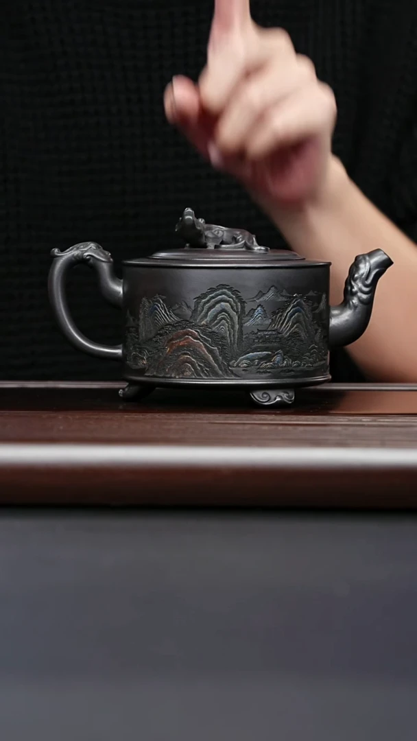 紫砂壶宜兴紫砂 三足赤龙百福 石黄 李三妹