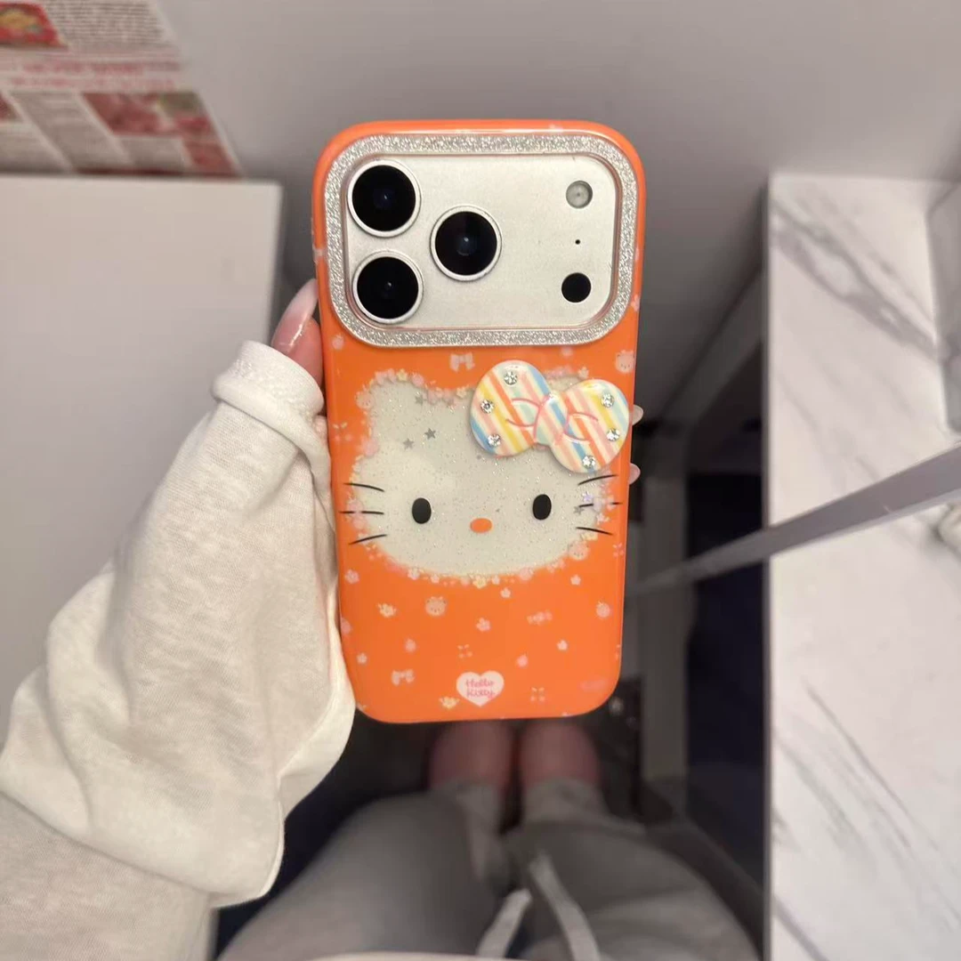 闪粉镜框橙色KT猫适用iPhone17promax苹果17pro手机壳16pro151413