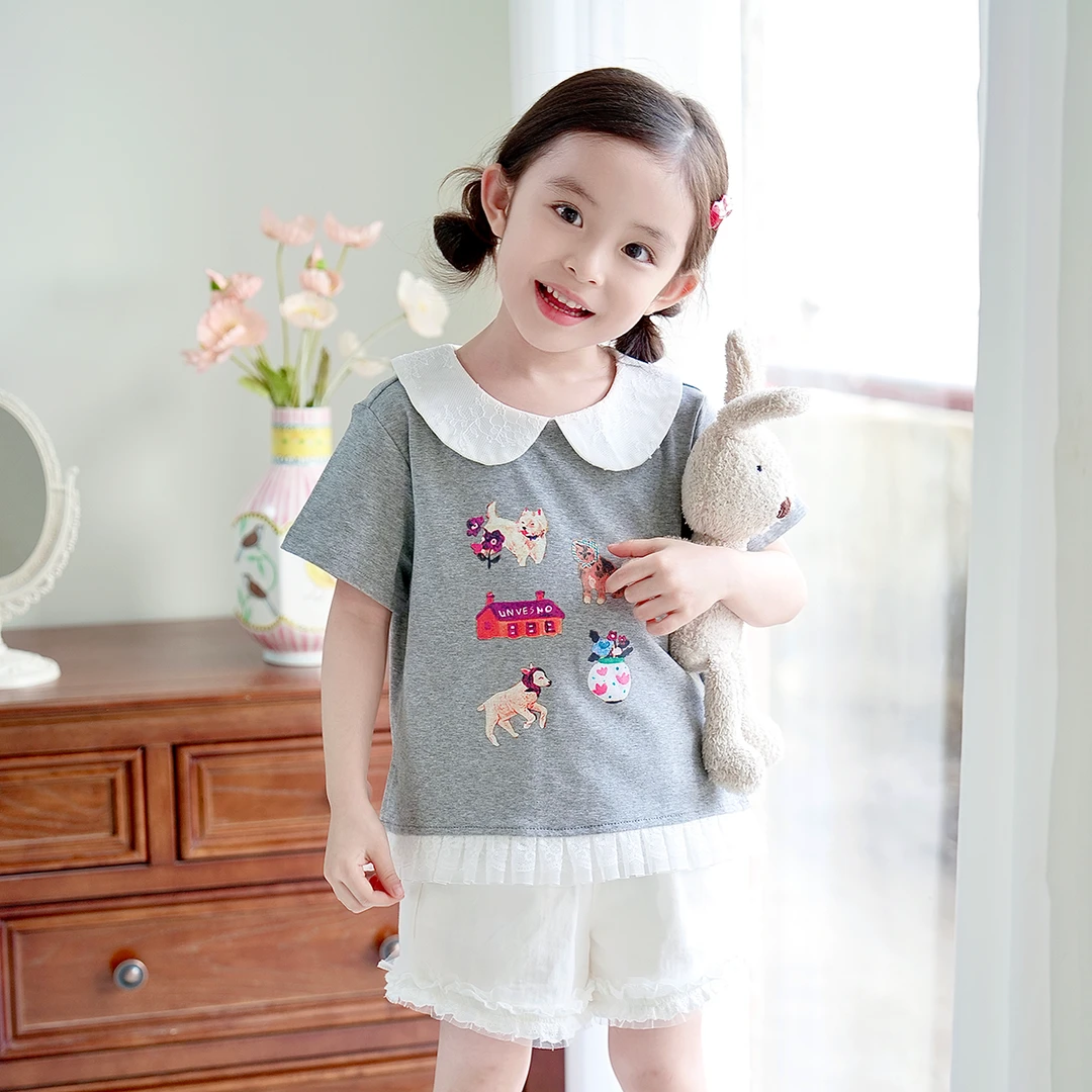 现货【小狗T】90棉夏装5321女童百搭韩版短袖娃娃领趣味卡通T恤上衣