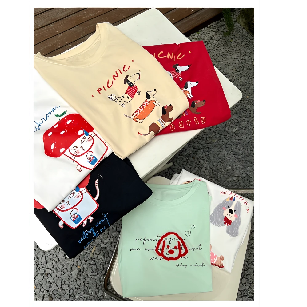 【夏天来了--】韩系显瘦宽松纯棉上衣甜美撞色印花合集T恤