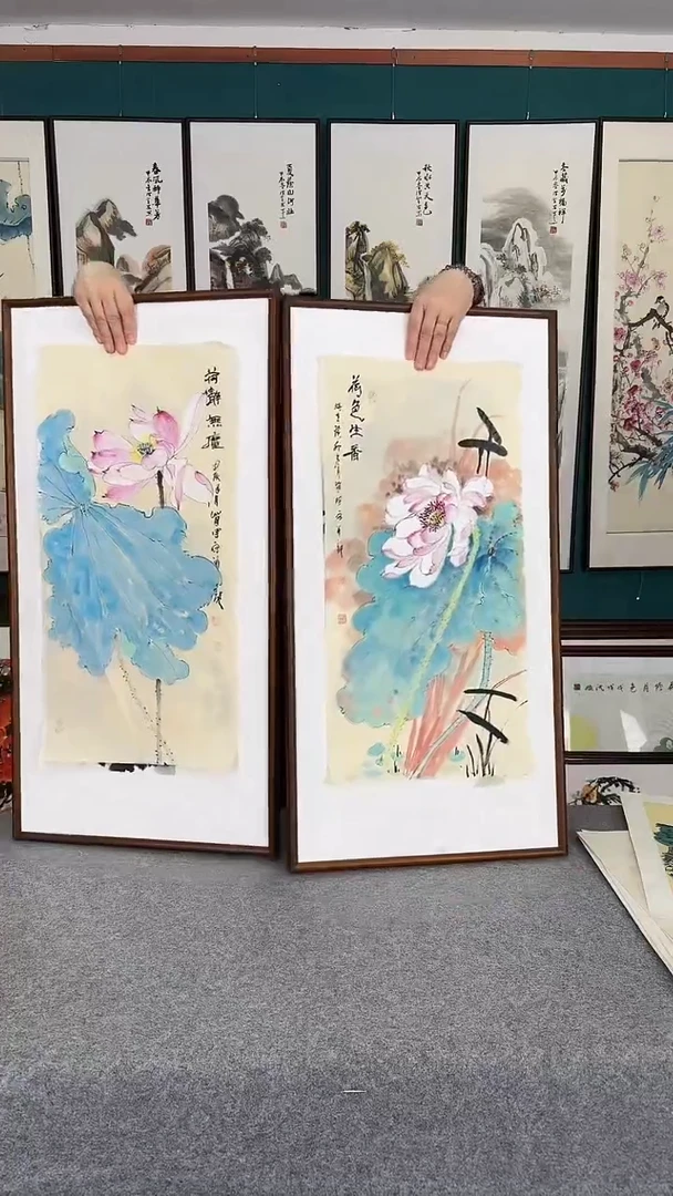 国画45*90荷花实木装裱2幅
