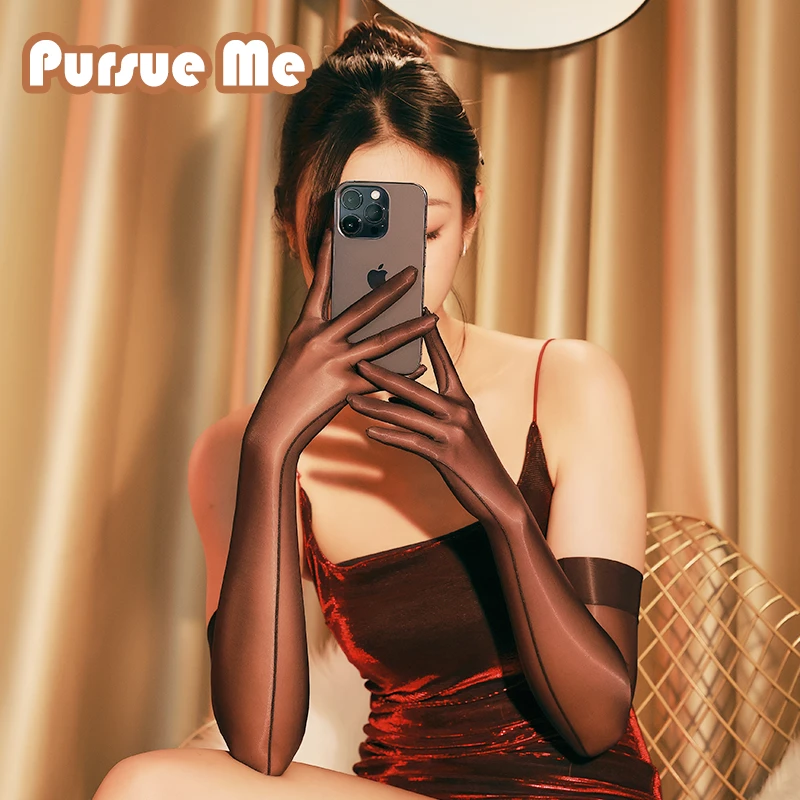 Pursue Me油光飞机手丝超薄透明黑丝油亮丝滑五指套马油丝袜手套