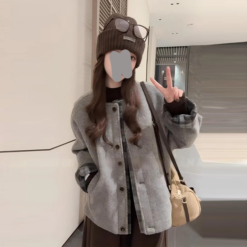 冬季新款气质感慵懒风宽松单排扣圆领夹棉拼接格子棉服外套