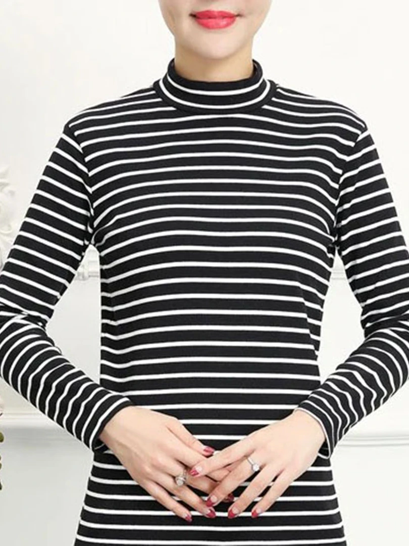 D570时尚百搭半高领打底衫修身显瘦条纹上衣