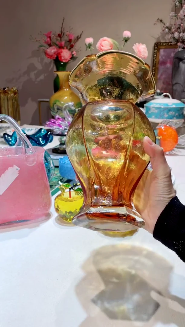 【闪购商品】琉璃手工艺品高款金色透明芬顿花瓶  微瑕