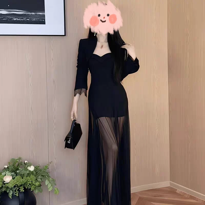 大码御姐气质网纱拼接黑色吊带连衣裙两件套459298#