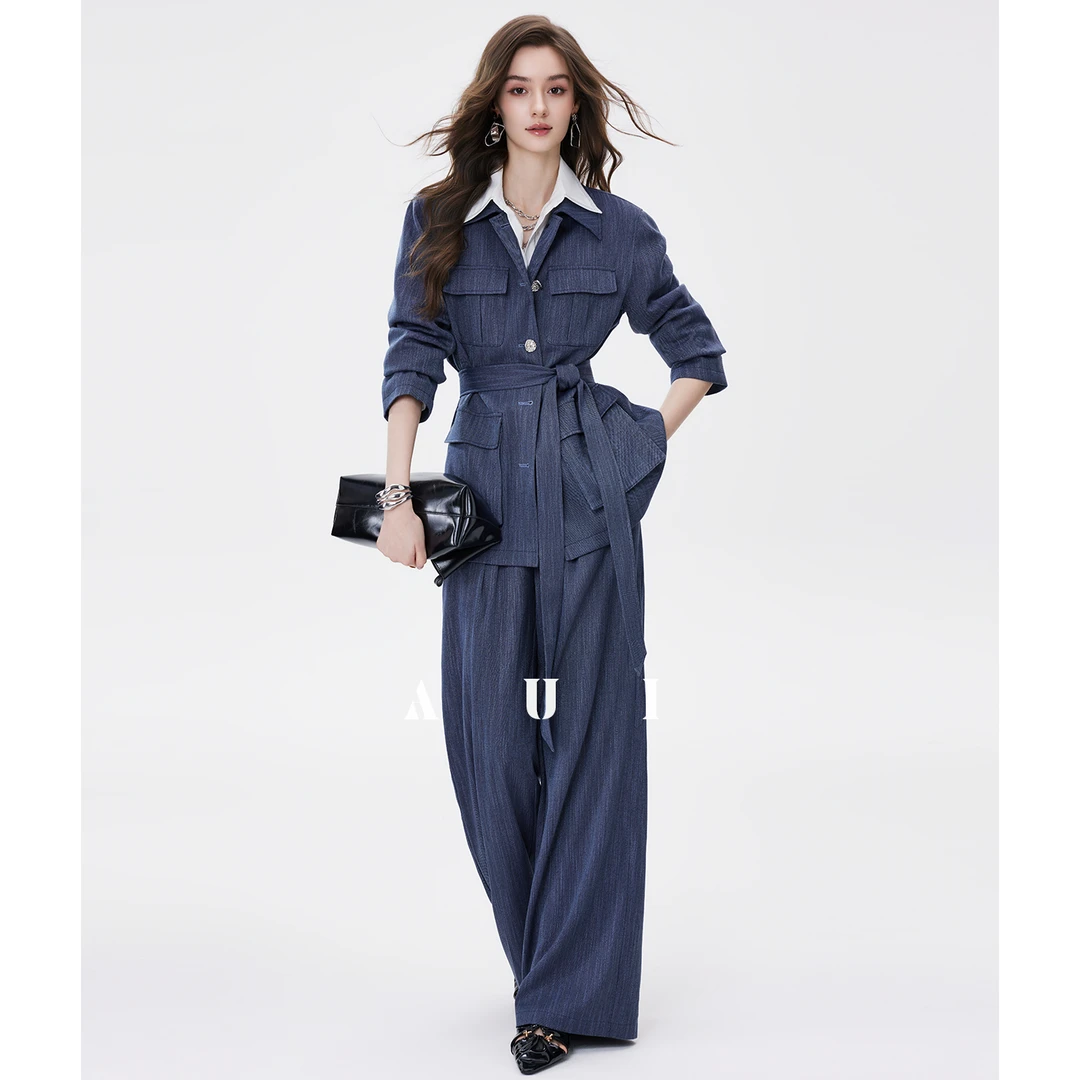 AUI通勤polo领衬衫外套装女2025新款秋冬休闲裤子两件套25W100275