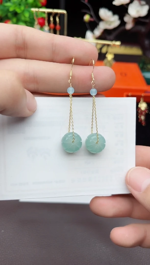 石英质玉（天山翠）银S925镶嵌耳饰F08