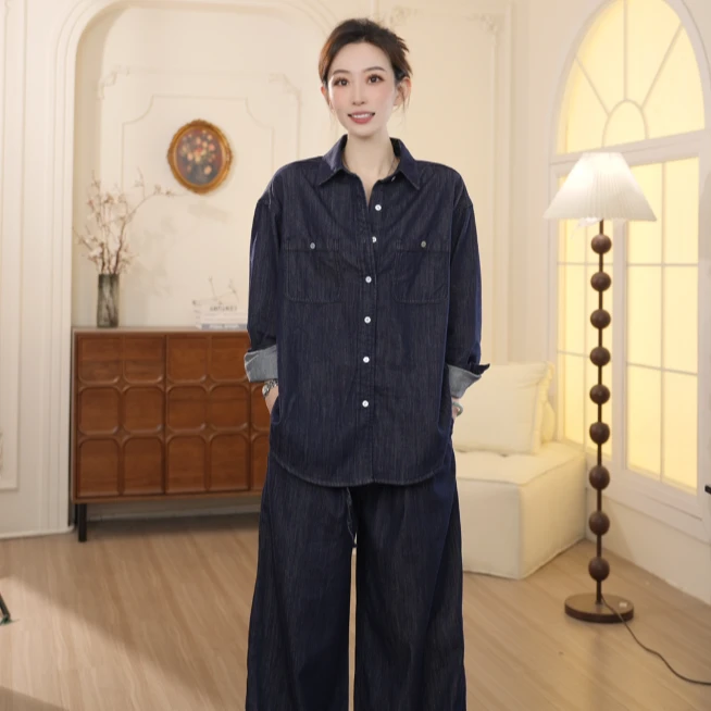 Basic House/百家好25初秋新款休闲时尚气质百搭软牛仔衬衫长裤女