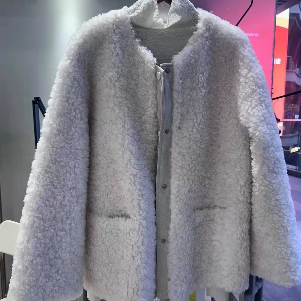 chalan 新款时尚百搭舒适休闲圆领羊毛颗粒外套C24D3013