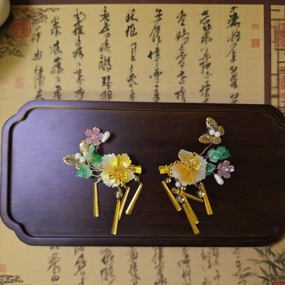 【云鬓花颜阁琉璃发夹】金枝蝶语对夹新中式汉服饰品古风发饰B230