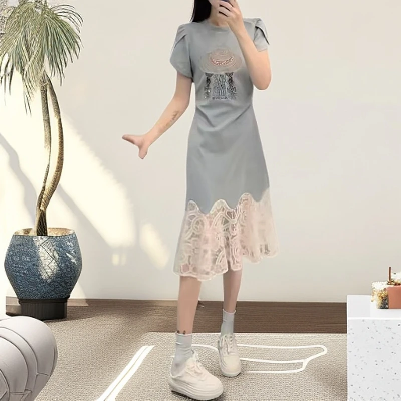 时尚高级设计师新款夏日夏季女装拼接捏褶收腰显瘦气质连衣裙