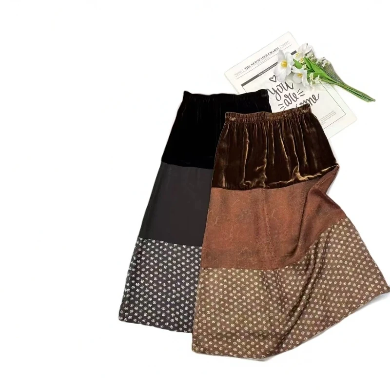 213028拼接半裙意式裙子短裙半身裙褶皱休闲风薄款休闲高腰