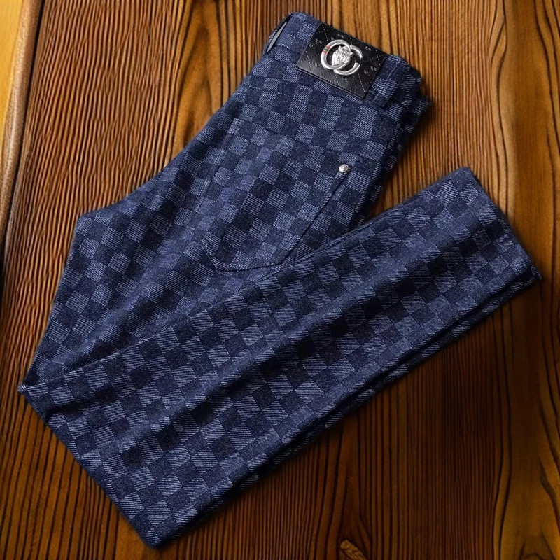 维斯克纳时尚蓝色格子商务休闲裤男老虎金属皮标修身小脚直筒西裤