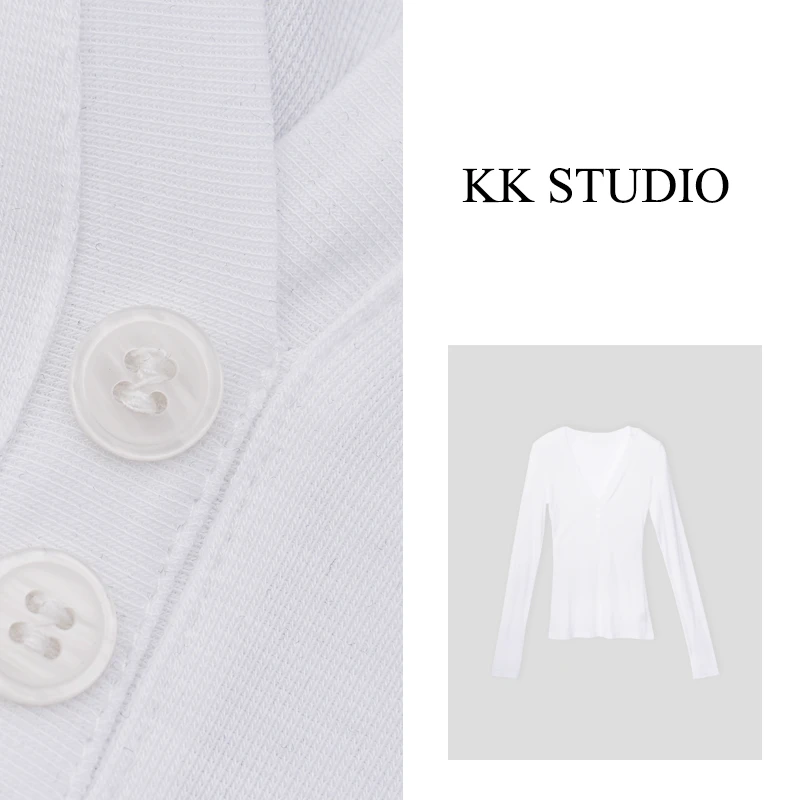淇老板KK  studio25年早春新款大V领纽扣简约长袖打底上衣8809